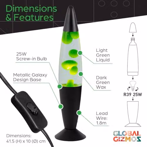 Global Gizmos 48819 Retro Lava Lamp with Black Base and Green Liquid, Height: 40.64 cm – 2