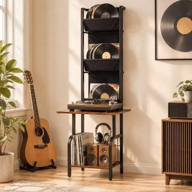 STILVORA Industrial Record Player Stand with Media Compartments and Shelves, Black, W/D/H: 76 x 48.5 x 144 cm – 1