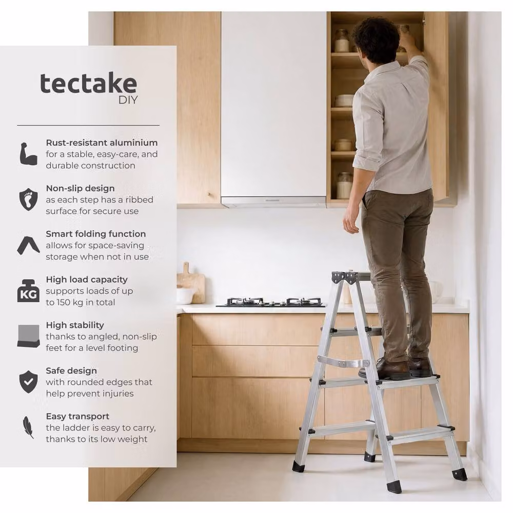 tectake Double-Sided Aluminium Step Ladder with Non-Slip Rubber Feet in Silver – 2
