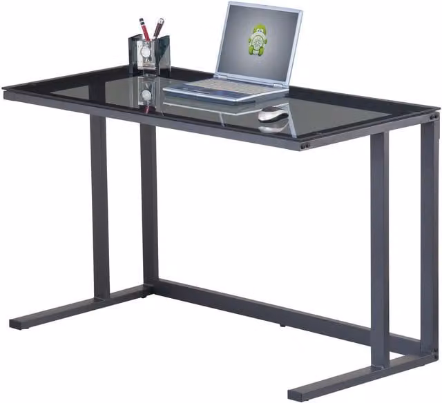 Alphason Air Modern Rectangular Writing Desk with Smoked Glass and Metal Sled Base in Black and Grey