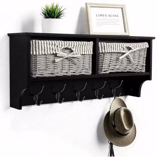 KORVIXA Black Wall Mounted Coat Rack with Rattan Shelf, W/D/H: 100 x 100 x 100 cm