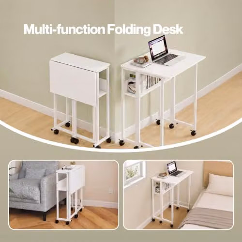 Levede White Folding Computer Desk with Castors, W/D/H: 100 x 60 x 75 cm – 2