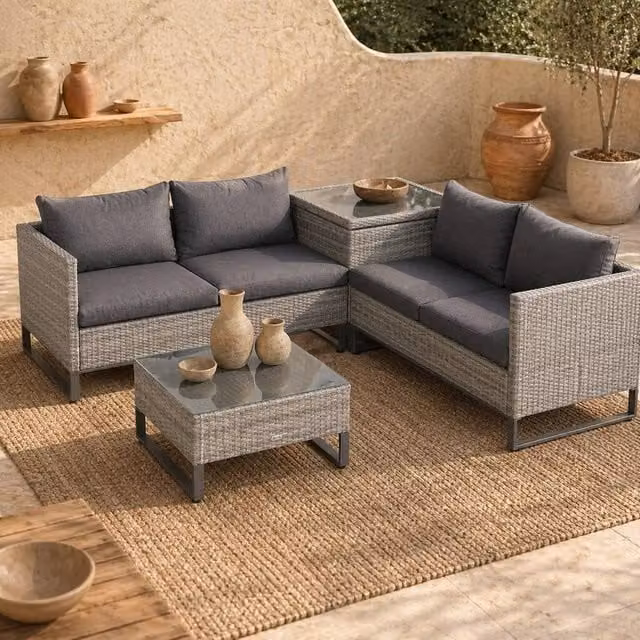 Wyld Haus Samilo 4 Seater Grey Rattan Garden Sofa Set with Glass Coffee Table and Storage – 1