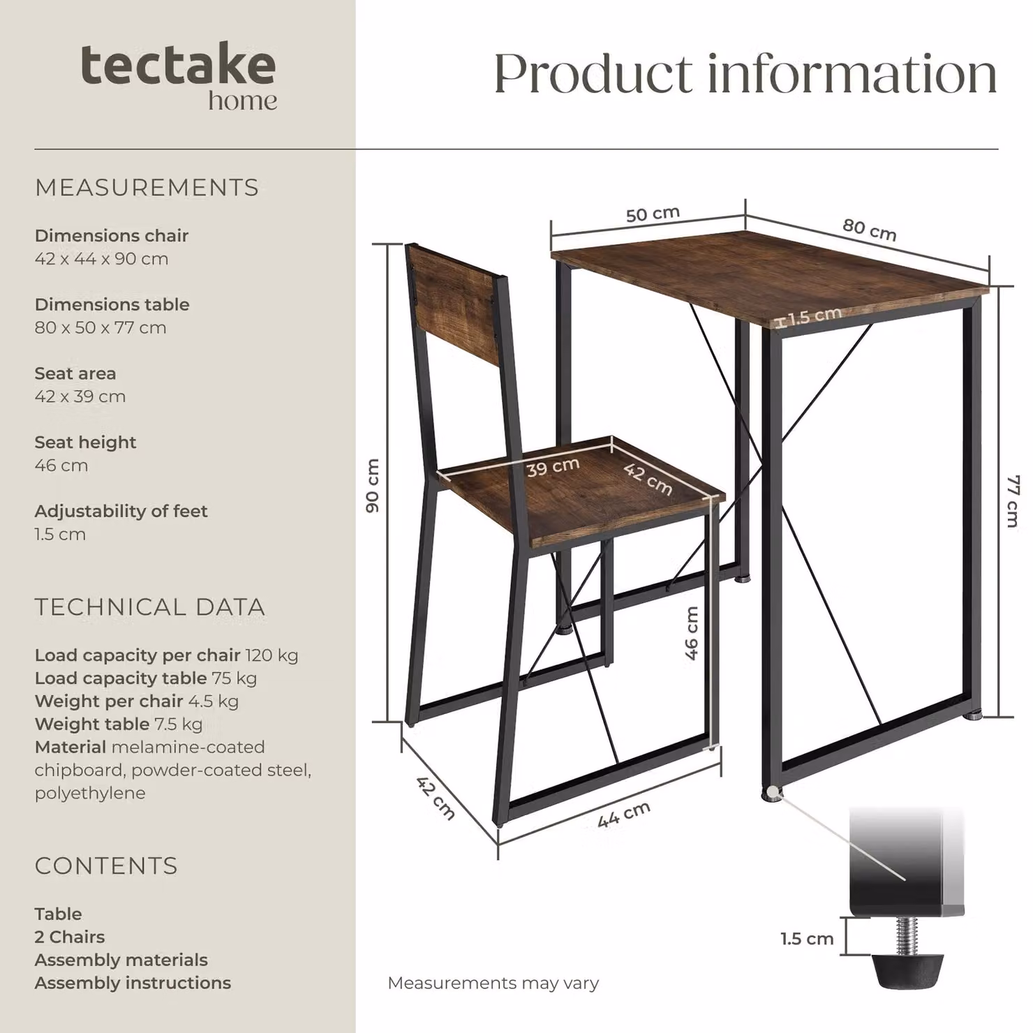 TECTAKE Margate 3-Piece Dining Table and Chairs Set in Brown and Black Industrial Style – 6