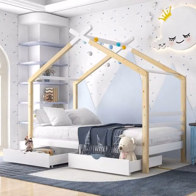 Merax Single Wooden House Bed with Two Storage Drawers in Sand and White, W/D/H: 90 x 190 cm