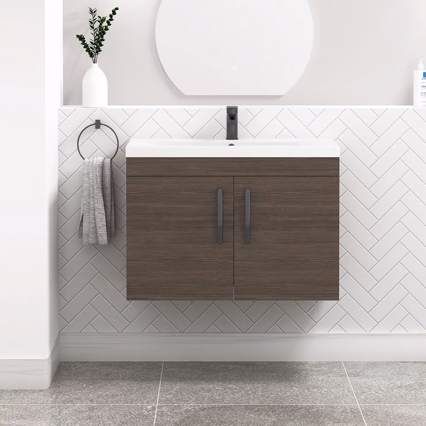 Royal Bathrooms Turin 800mm Wall Hung Vanity Sink Unit in Grey Elm with Mid-Edge Basin and Matt Black Handles