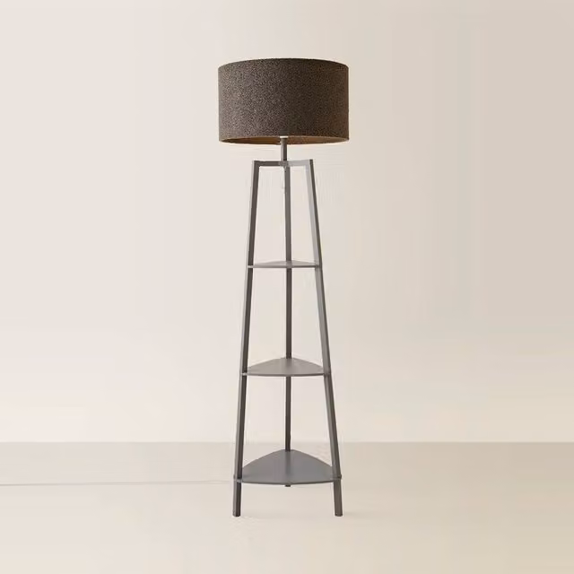 ValueLights Hiru Grey 3 Tier Wooden Shelf Floor Lamp with Boucle Drum Shade in Anthracite – 1