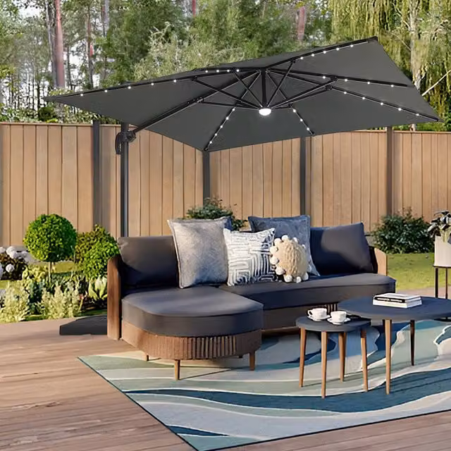 Livingandhome Grey Cantilever Garden Square Parasol with Solar-Powered LED Lights