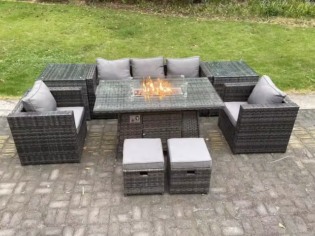 Fimous Outdoor PE Rattan Garden Furniture Set with Gas Fire Pit Dining Table, Armchairs and 2 Side Coffee Table Stools in Dark Grey