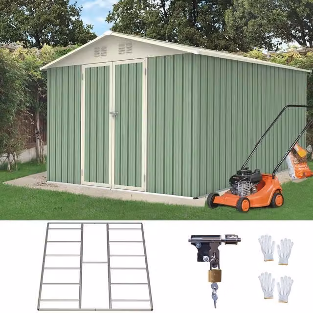 BIRCHTREE Metal Garden Shed with Double Doors and Gable Roof in Green, W: 304.8 cm, D: 243.84 cm, H: 182.88 cm