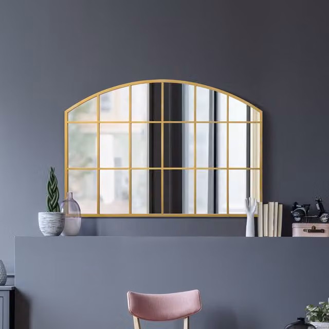 MirrorOutlet Arcus Overmantle Window Framed Arched Wall Mirror in Gold, Width: 75 cm