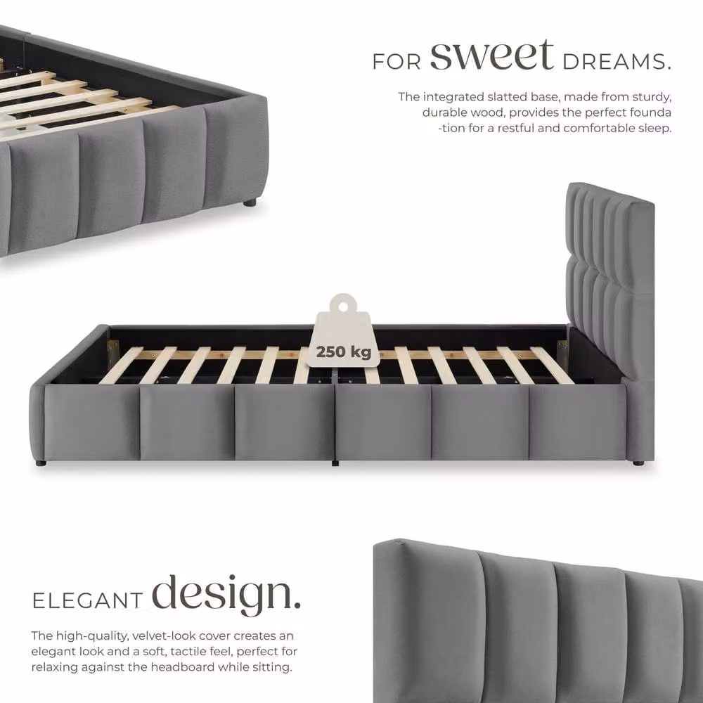 tectake Shirley Upholstered Bed with Slatted Frame and Lift-Up Base, Dark Grey, W/D/H: 140 x 200 cm – 3
