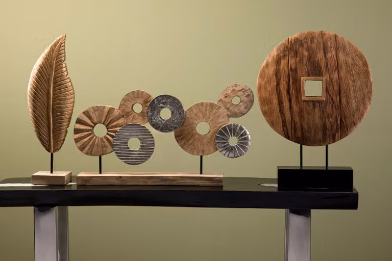 Orsina Elementi 7 Disc Abstract Wooden and Metal Sculpture in Brown and Silver