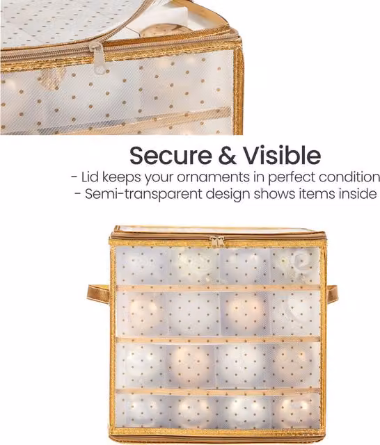 SONGMICS 2 Pack Christmas Ornament Storage Boxes in Gold and Red with 64 Compartments