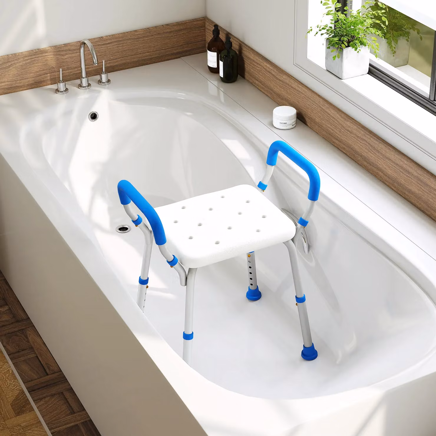 Costway Bath Chair Shower Bench with Detachable Padded Arms in Blue, W/D/H: 67 x 41 x 41 cm – 2