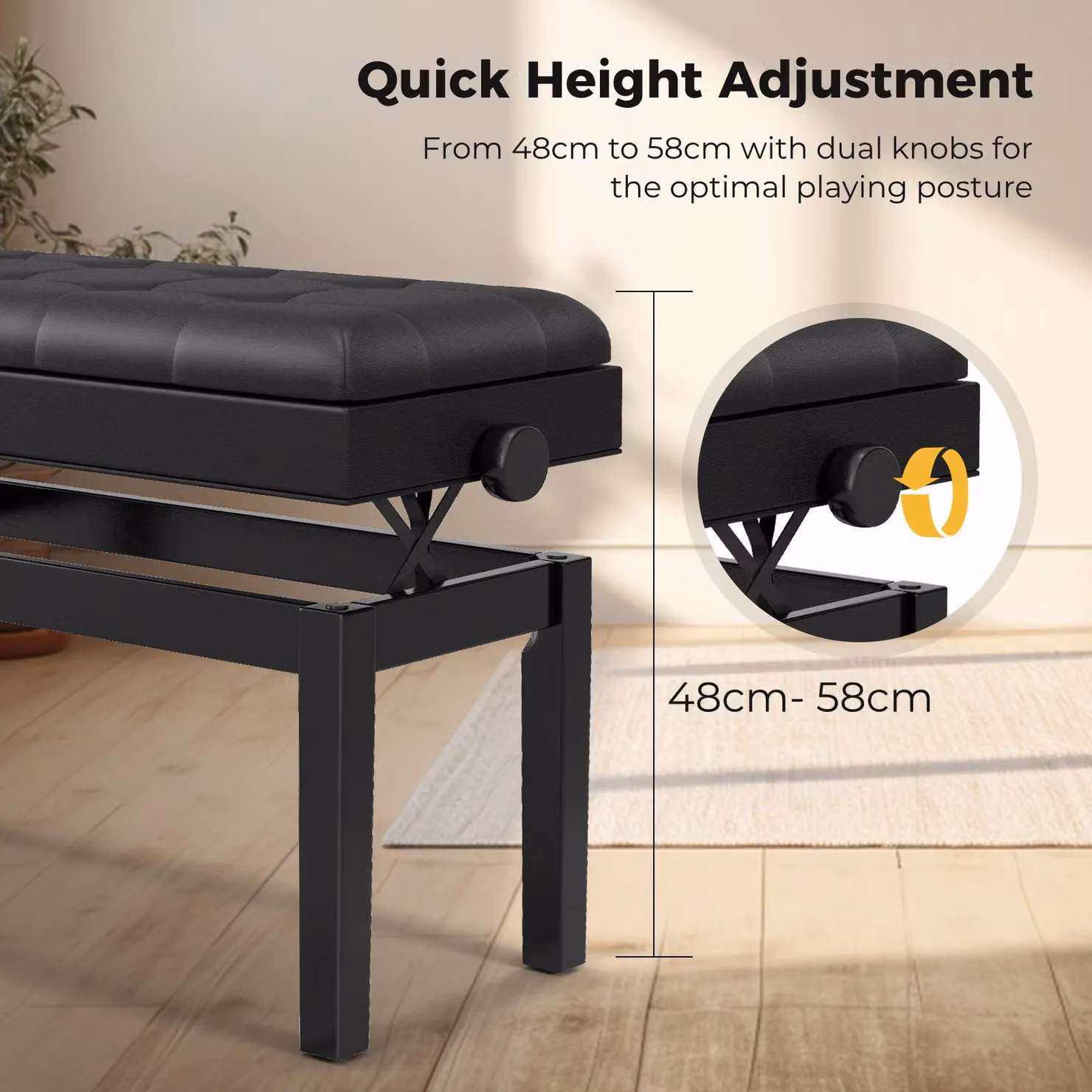 Gymax Duet Piano Bench with Storage, Adjustable Padded Stool in Black – 3