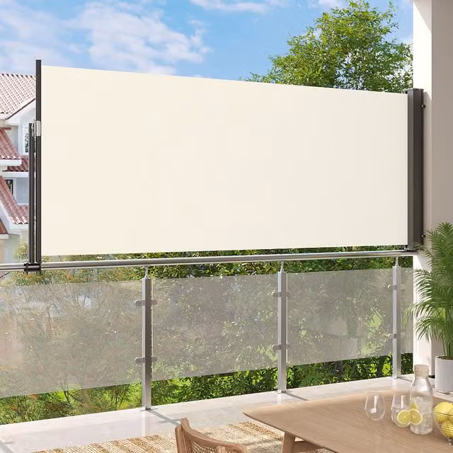 Livingandhome Outdoor Retractable Side Awning Sunshade Blind in Beige White, Polyester and Aluminium, Width: 120 cm