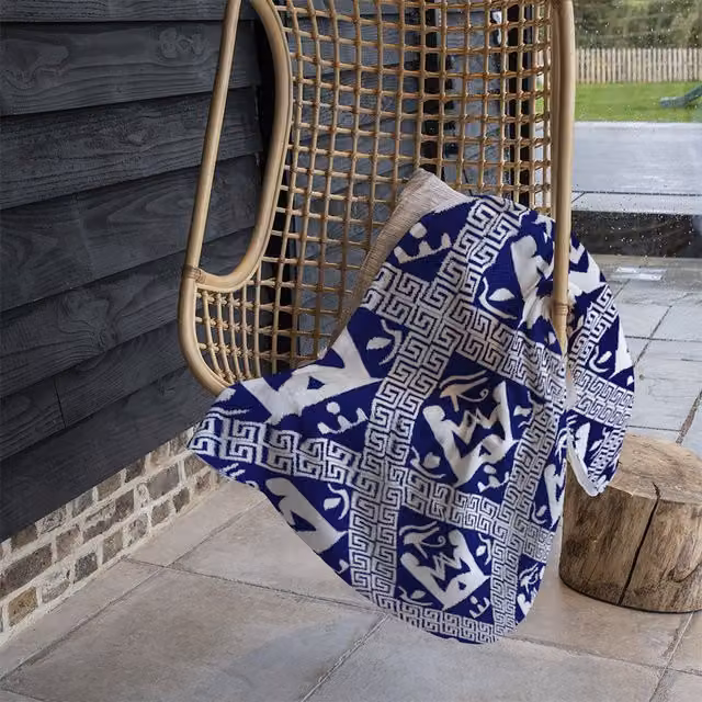 Benjamin Tate Design Egyptian Hieroglyphs Fleece Blanket in Blue and Sand, W/D/H: 120 x 150 cm – 1