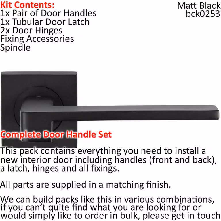 Loops Matt Black Straight Flat Lever Door Handle and Latch Pack with Square Rose