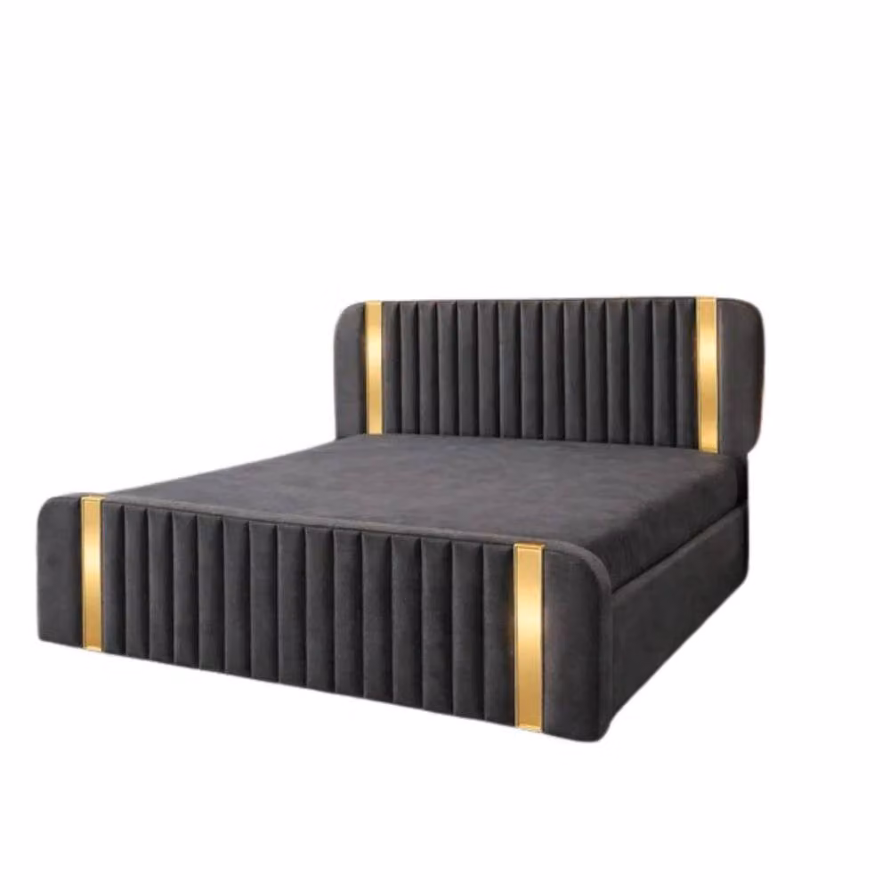 Stratus Interiors Aura Rounded Velvet Ottoman Bed Frame with Gold Accents, Grey, W: 150 cm, D: 200 cm – 2
