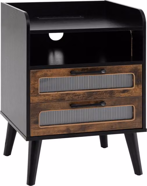COSTWAY Mid-Century Black Metal Storage End Table with Integrated Lighting