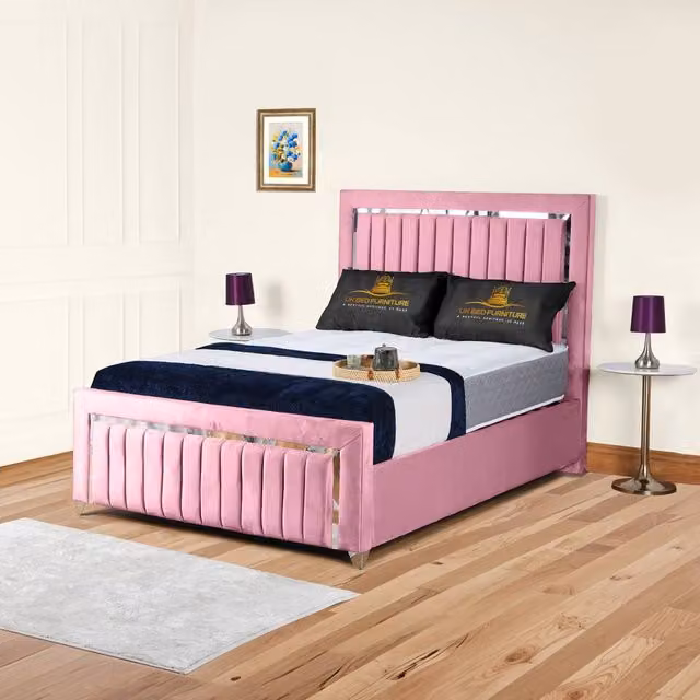 UK Bed Furniture Pink Velvet Upholstered Gas Lift Storage Bed with 48-inch Headboard, W/D/H: 180 x 200 cm