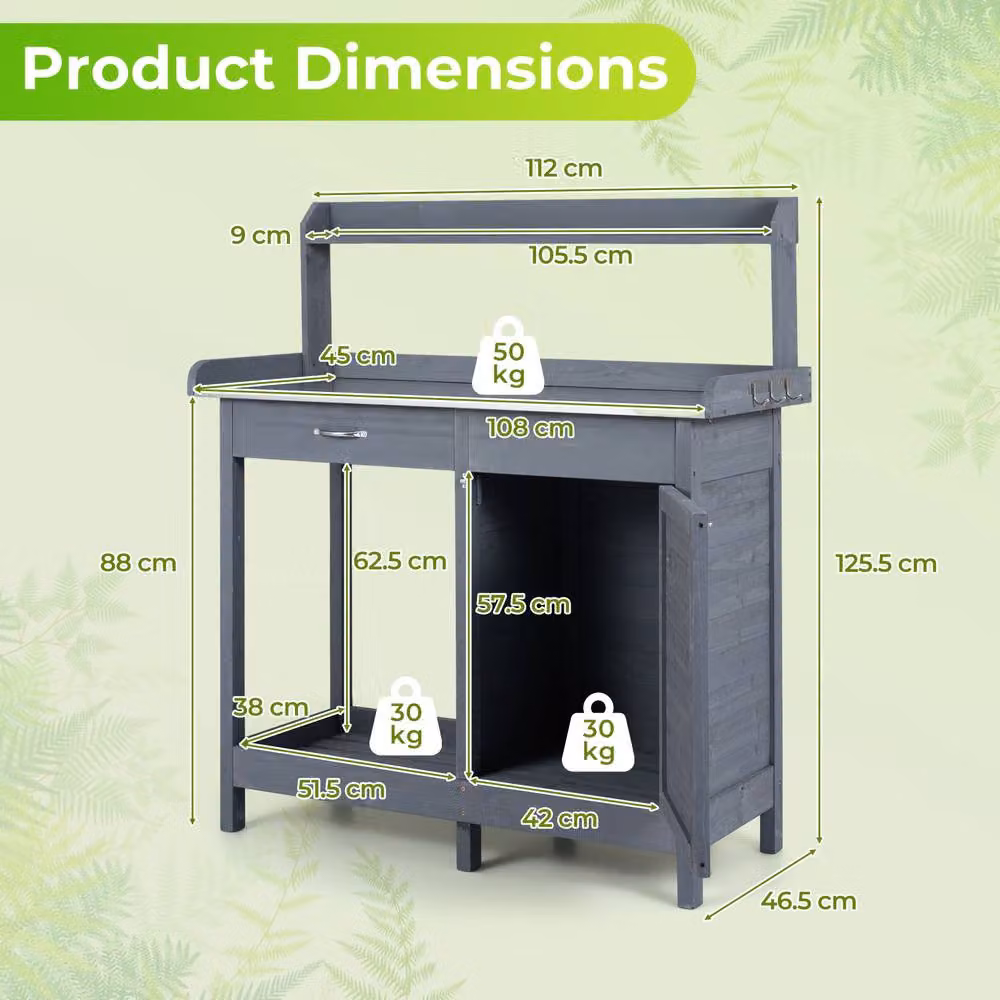 Costway Grey Wooden Garden Potting Bench Table with Lockable Cabinet and Stainless Steel Accents – 2