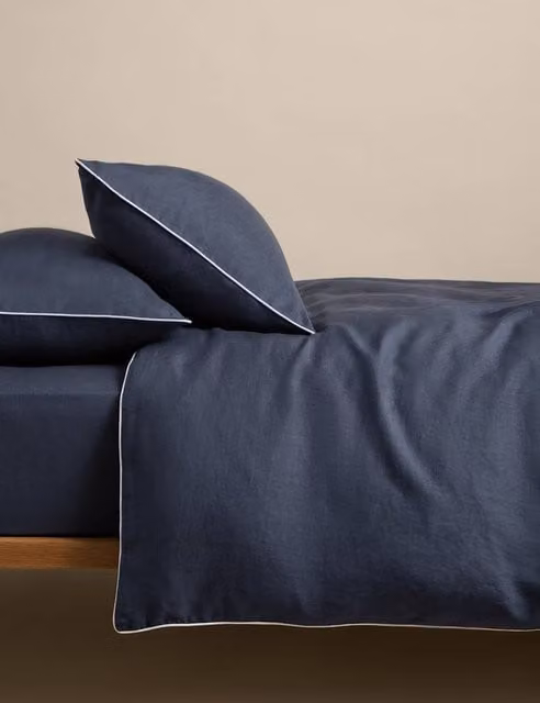 M&S Pure Linen Breathable Duvet Cover Set, Navy Blue, W: 180 cm x L: 200 cm