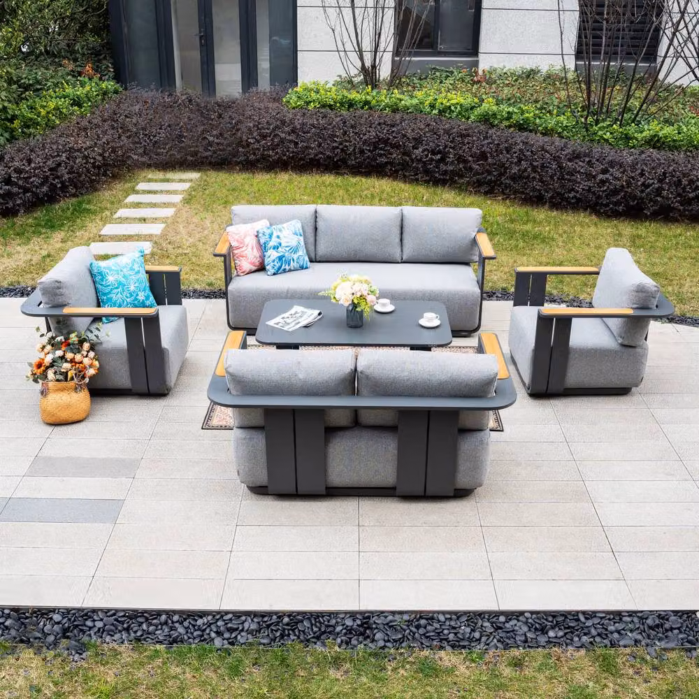 MIMO Garden 7-Seater Grey Powder Coated Aluminium Garden Sofa Set with Teak Armrests, U-Shape Lounge Armchairs, Outdoor Sofas and Coffee Table with Upholstered Cushions – 5