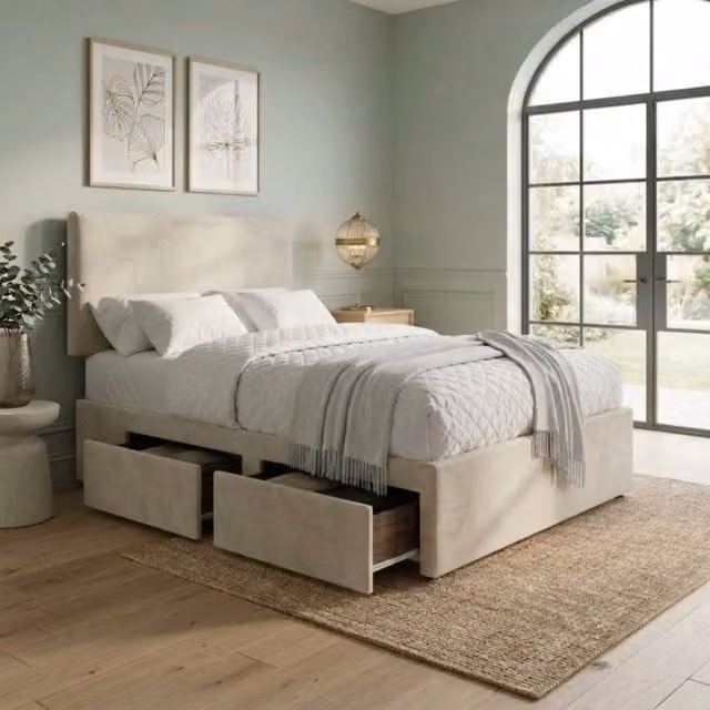 Bed Time UK Beige Upholstered Divan Bed with 2 Drawers and Hybrid Mattress, W/D/H: 180 x 200 cm