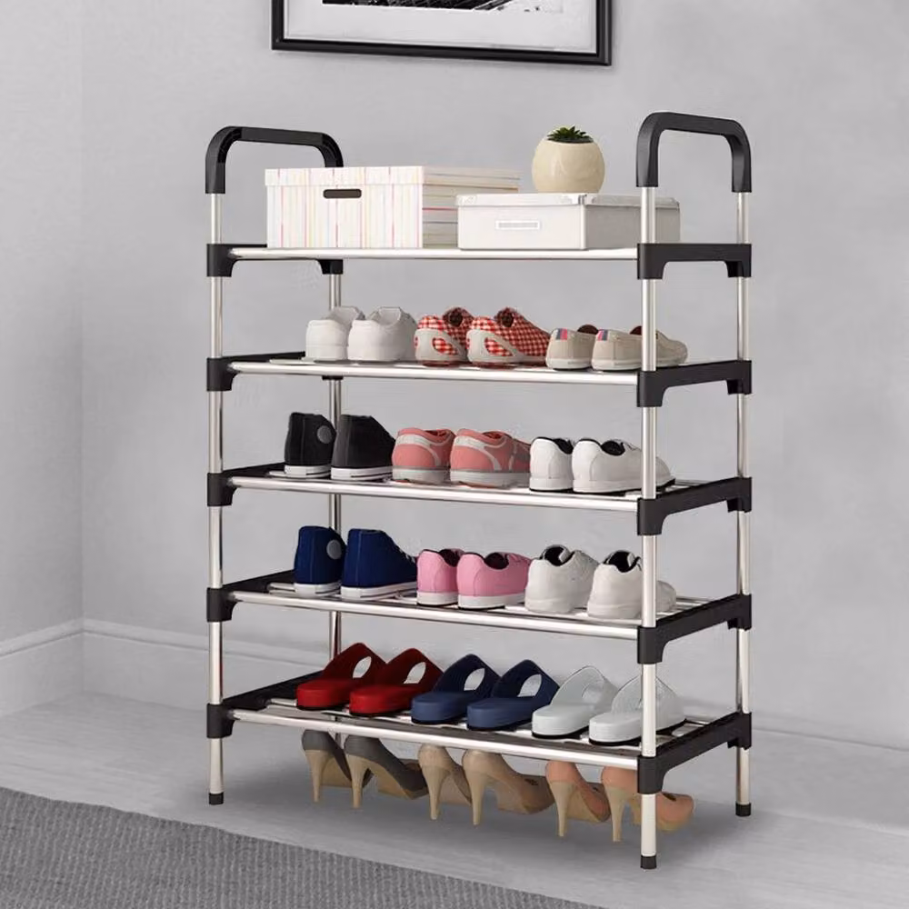 KORVIXA Compact Space Saving Metal Shoe Rack Organiser Shelf in Black, Width: 80 cm – 4