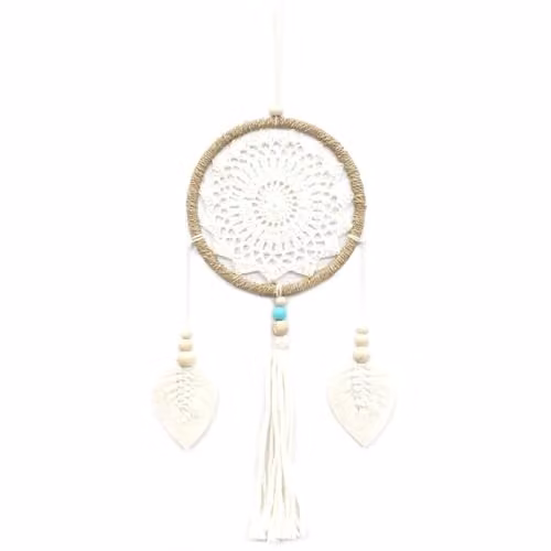 KDMD White Elemental Spirits Hanging Dream Catcher with Rattan, Textile and Wood Details