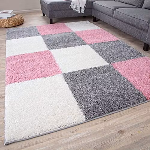 THE RUGS Modern Checked Shaggy Area Rug in Pink and Grey, W/D: 60 x 110 cm – 1