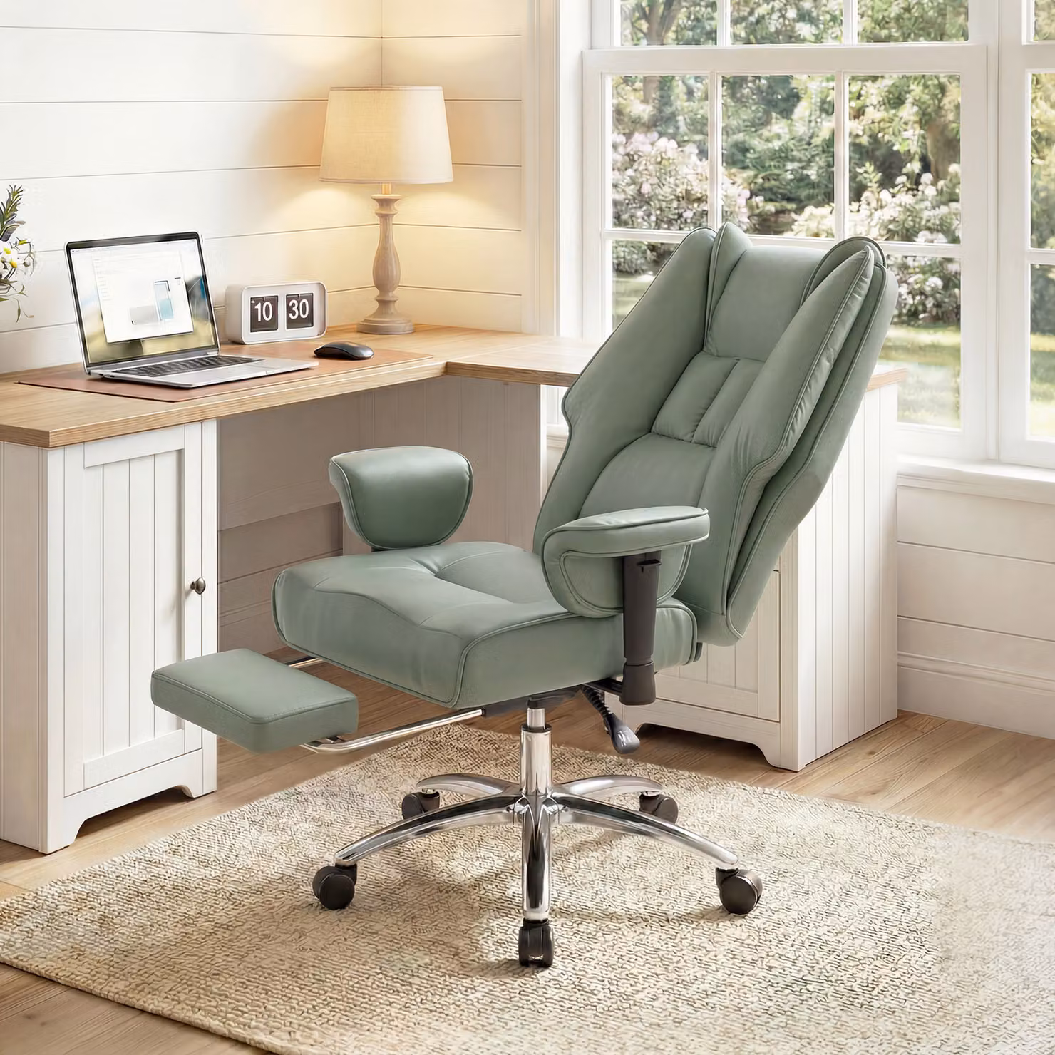 HOMCOM Executive Office Chair in Green with Footrest, Adjustable Armrests and Pet-Friendly Faux Leather – 2