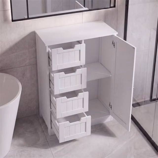 FORGEVIO White Minimalist Bathroom Storage Cabinet with 4 Drawers and 1 Hinged Door