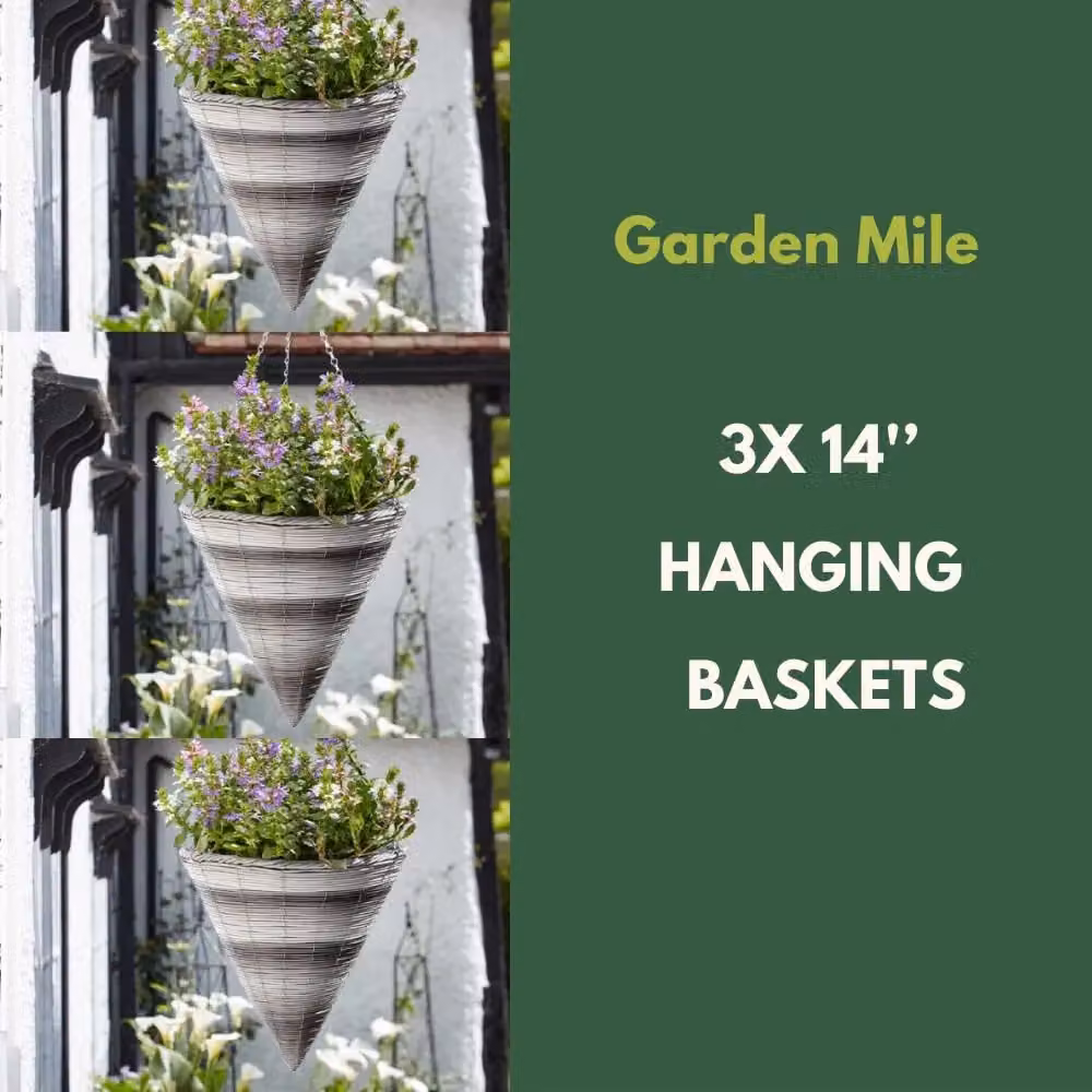 Marco Paul Dark Grey Rattan Effect Hanging Flower Basket Cone Planter – 3