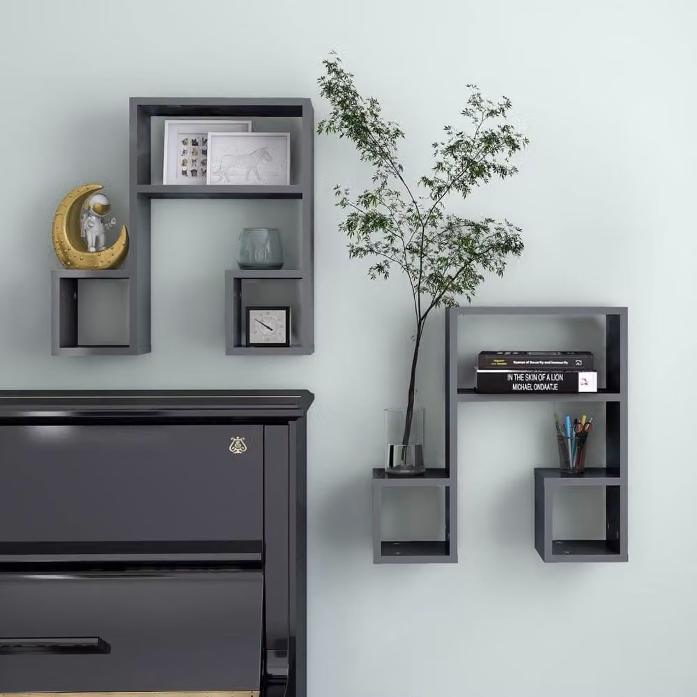 Berkfield Home Set of 2 High Gloss Grey Wall Shelves in Engineered Wood, W/D/H: 50 x 15 x 50 cm – 2