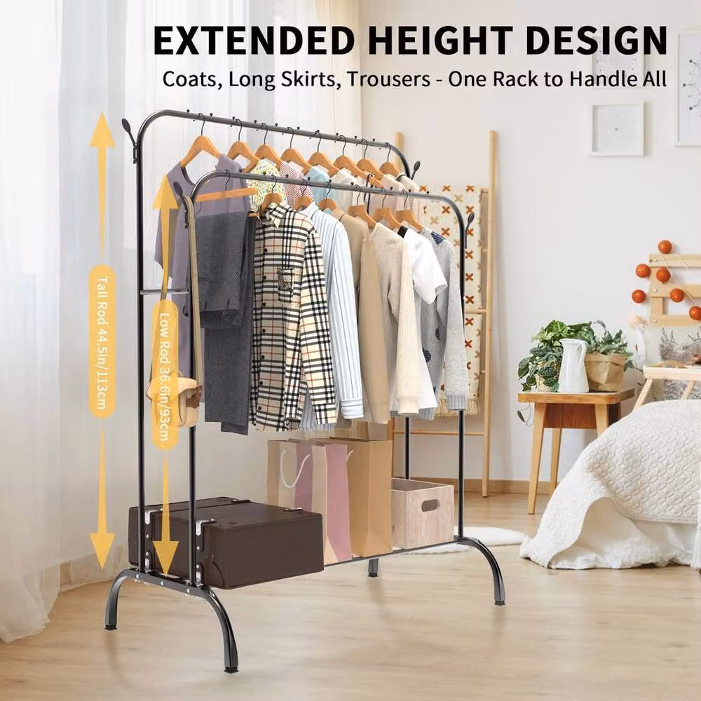 FLAVORA Matt Black Metal Continuous Linear Double Clothes Rail Hanging Display Stand, Width: 50 cm – 2