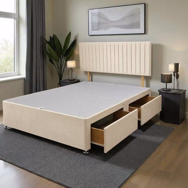 Knight Sleep Emily Upholstered Divan Bed Base with 2 Drawers and Headboard, White/Beige, W/D/H: 90 x 190 cm