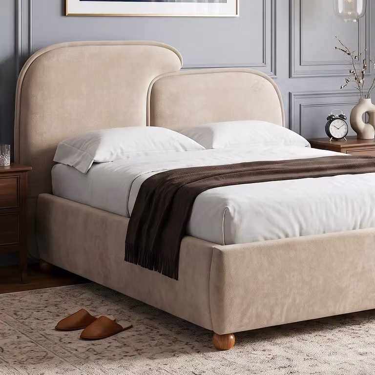 Embrea Upholstered Bed Frame with Curved Headboard in Beige, King Size (180 x 200 cm)