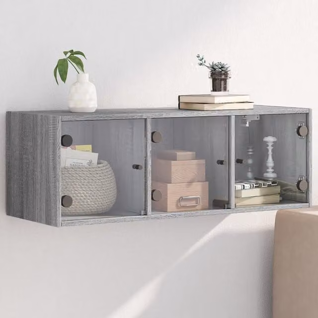 Berkfield Home Wall Mounted Cabinet with Glass Doors in Grey Sonoma, W: 102 cm, D: 35 cm, H: 35 cm