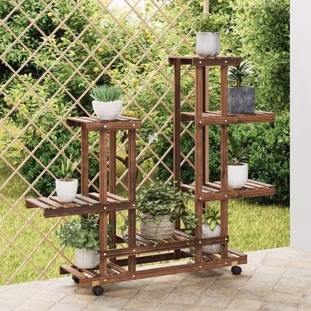 Berkfield Home Retro Flower Stand with Wheels in Brown Solid Wood, W/D/H: 95 x 25 x 101 cm