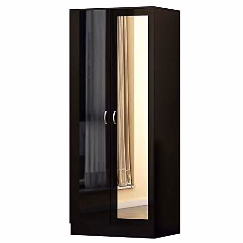 FWStyle Chilton Black Gloss Mirrored 2 Door Wardrobe H 181 x W 80 x D 50 cm