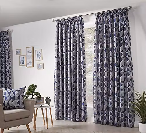 Skandi Navy Blue Jacquard Weave Pencil Pleat Curtains, Fully Lined – 1