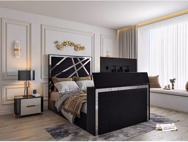 KDMD Morgan Super King Upholstered Soft Velvet TV Bed Frame in Black, W/D/H: 200 x 152 x 189 cm
