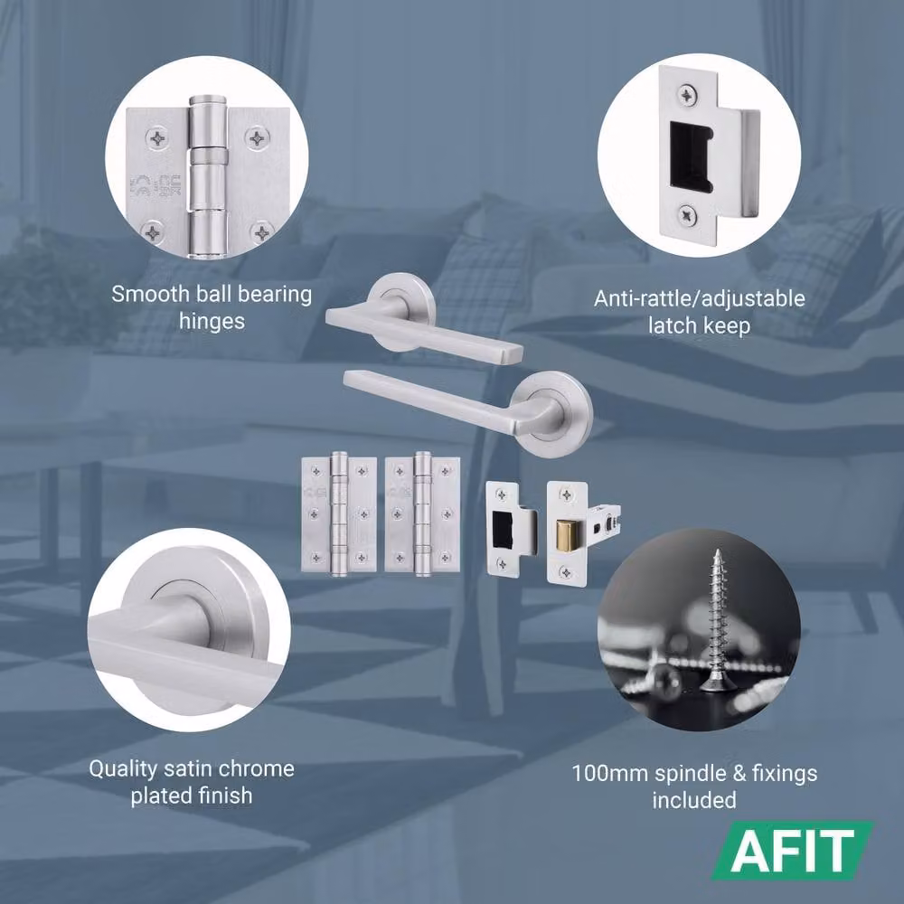 AFIT Satin Chrome Door Handle Latch Set with Hinges in Silver, Aluminium W/D/H: 15.0 x 15.0 x 15.0 cm – 2