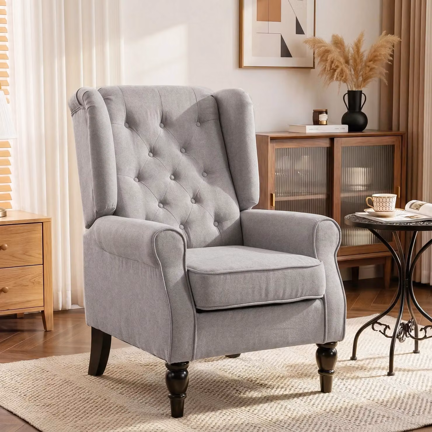 HOMCOM Grey Fabric Wingback Accent Armchair with Solid Wood Frame and Button Tufting – 3