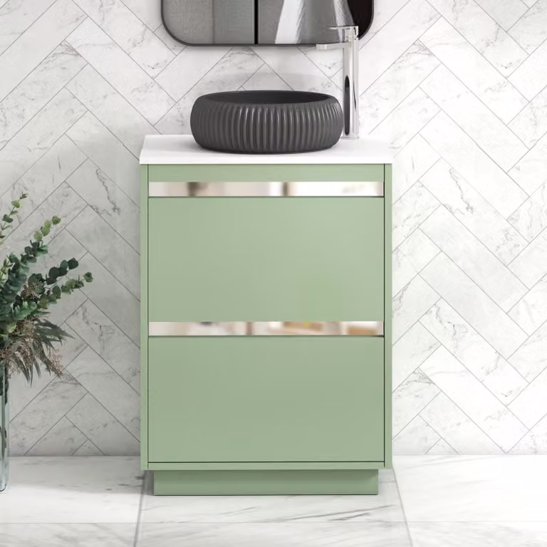 Royal Bathrooms Orion 600mm Mint Sage Floor Standing 2 Drawer Vanity Unit with Milan Black Basin and Chrome Accent Trim