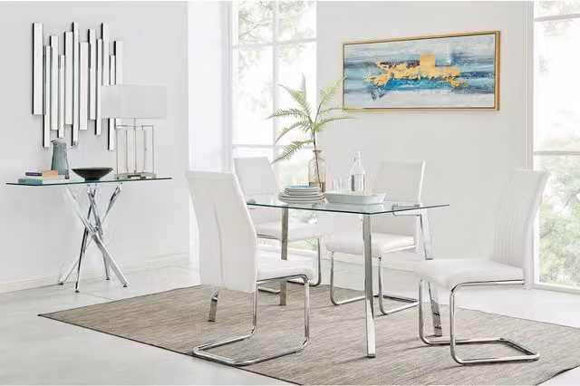 FurnitureboxUK Cosmo Chrome Metal and Glass Kitchen Dining Table with 4 White Lorenzo Dining Chairs