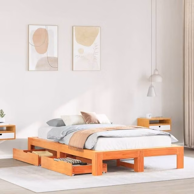 Berkfield Home Small Double Solid Wood Pine Bed Frame with Drawers, Wax Brown, W/D/H: 120 x 200 cm – 1